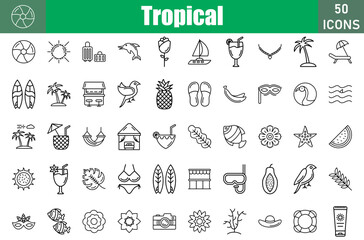 Sticker - tropical 50 web icons in line style