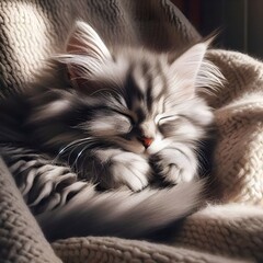 Wall Mural - AI generated illustration of a cute little kitten taking a nap