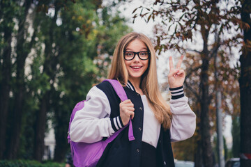 Poster - Photo portrait of pretty teenager girl show v-sign excited face wear trendy uniform outfit walk outside green park background