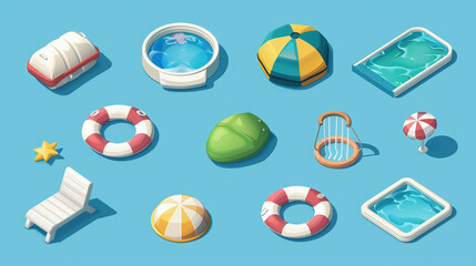 Wall Mural - summer icons with pools, sun loungers, umbrellas, lifebuoys