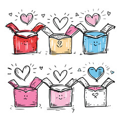 Sticker - Handdrawn colorful gift boxes hearts love concept happy surprise. Sketch presents smiling faces cute doodle style celebration. Festive illustration open gift boxes hearts floating cheerful drawing