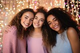 Fototapeta  - Asian, oriental young woman smiling looking at camera over abstract banner multicolored sparkling rainbow particles crystal bokeh background. Party femininity. Festive decoration copy space