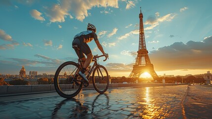 Wall Mural - Riding a bike and Eiffel tower, France,  games 2024