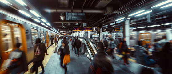 Wall Mural - Rush hour frenzy captured in the blur of motion at a bustling subway station.