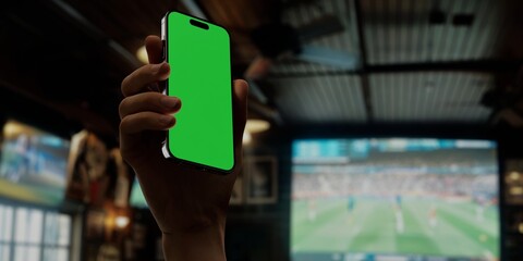 Wall Mural - Smartphone with green screen in sports bar, perfect for app demos