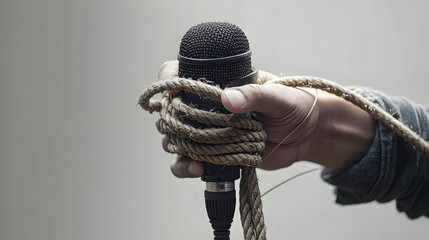 Sticker - Hand with microphone tied with rope, depicting the idea of freedom of the press, idea of the repression of the mass media or freedom of expression