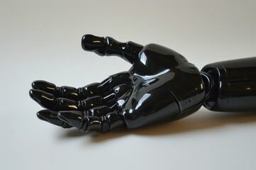 black porcelain robot hand. dark animatronic wants take phone table. generate ai