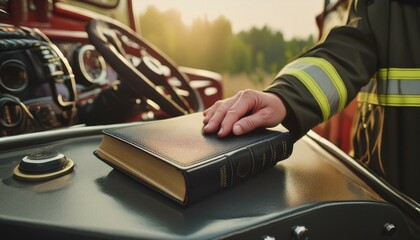 Wall Mural - A Firefighter with the Bible. Firefighter has a Book. 