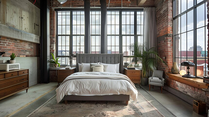 Wall Mural - A bedroom with high ceilings, large windows and industrial brick walls. The room features an oversized bed with grey headboard, white bedding, wooden night stands