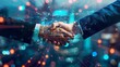 © pinkrabbit - Close up of business people shaking hands against technology background, leader, teamwork, target, Aim, confident, achievement, goal, on plan, finish, generate by AI
