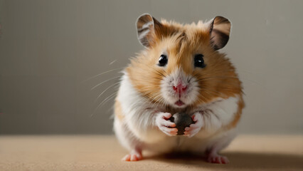 Wall Mural - hamster that is eating something on the table, dark grey backdrop