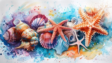 Poster - Colorful seashells, corals, and starfish beautifully painted using watercolor technique