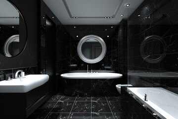 Poster - Black bathroom interior. Room mirror wall. Generate Ai