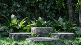 Fototapeta  - presentation template product mockup stone rock circle podium with four stone pedestals with natural environment of tropical leaves and green grass created with Generative AI Technology