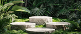 Fototapeta  - presentation template product mockup stone rock circle podium with three stone pedestals with natural environment of tropical leaves and green grass created with Generative AI Technology