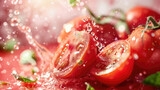 Fototapeta  - splash of juicy ripe tomato vegetable close-up on a light solid background created with Generative AI Technology