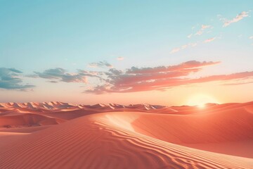 A desert landscape at twilight, with the setting sun casting long shadows and illuminating the sand dunes in soft light