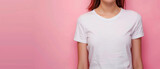 Fototapeta  - chin to body t-shirt product mockup of a vintage girl model wearing a white t-shirt on a wide pastel pink background created with Generative AI Technology