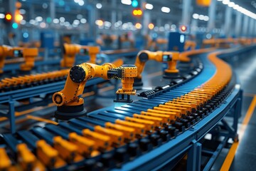 Poster - An automated yellow robotic arm stands ready on a factory conveyor belt, showcasing the precision and efficiency of modern industrial automation