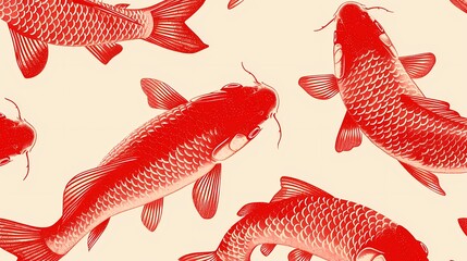 Wall Mural - Red koi fish illustrated in traditional style on a beige background