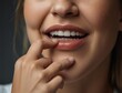Young woman point finger to showing healthy gums