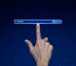 Hand pressing search www button over fantasy night sky and moon, Searching system and internet concept