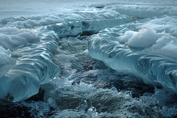 Poster - A close-up of ice formations reveal intricate patterns and a captivating blue hue, exuding a serene, chilled atmosphere