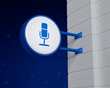 Microphone icon on hanging blue rounded signboard over fantasy night sky, Business communication concept, 3D rendering