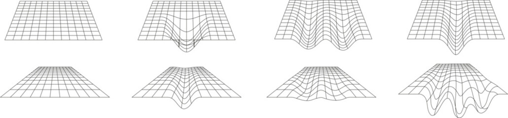 Poster - 3D mesh plane set. Distorted perspective grid collection. Abstract Futuristic design elements. Vector geometric line mesh, square structure grid. Vector EPS 10