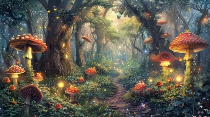 Canvas Print - Enchanted Forest Path with Luminous Mushrooms and Magical Atmosphere