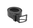 Fashionable men's leather belt with dark metal buckle isolated on white background. Black belt for men. Black leather belt for trousers.	