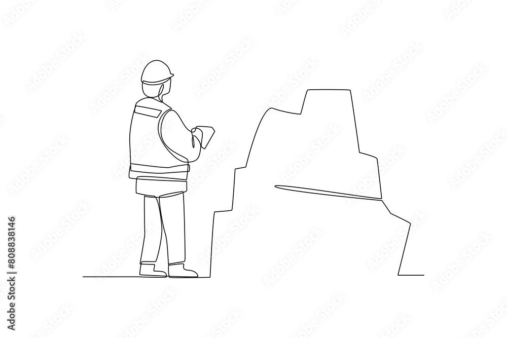 Simple continuous lin drawing of a geologist records data. Engineer ...