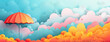 Colorful umbrella among whimsical clouds and rolling hills in a dreamy landscape promoting a cheerful atmosphere