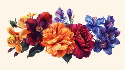Wall Mural - Natural abstraction unusual colorful blooming flowers pattern banner on a black background.