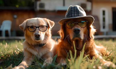 Two golden retrievers wearing glasses and a hat in a backyard