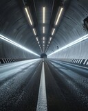 Fototapeta Przestrzenne - View of architecture tunnel on the highway with empty asphalt road, 3d rendering