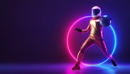 Astronaut Basketball Player Wearing a Golden Space Suit and Helmet And Bouncing a Ball That Resembles a Planet - Red and Blue Neon Circular Light