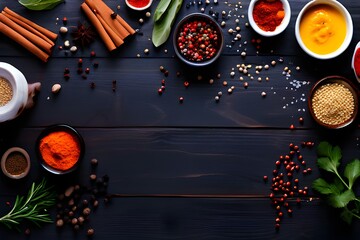 Wall Mural - Flat lay of proteins surrounded by spices and seasonings on table