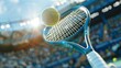 Close up of tennis racket with ball at tennis tournament, stadium background, lifestyle concept