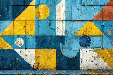 Poster - A colorful geometric pattern painted on weathered wooden planks, exuding a sense of nostalgia and contemporary art