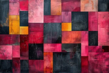 Poster - Vibrant geometric squares in varying shades of red, pink, and a touch of yellow create a dynamic wooden pattern