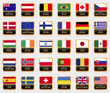 Set of thirty shiny gold labels with flags of different countries and inscription Made in...