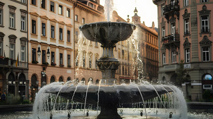 Wall Mural - fountain in the city with old buildings