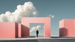 Businessman standing in front of opened door to sky with clouds concept