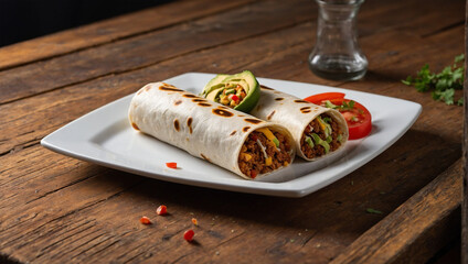 Wall Mural - Image of a plate of burritos placed on a white plate on a wooden table 57