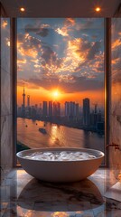 High-end luxury bathroom in a high-rise building Looks comfortable with a large mirror. The city view outside is very beautiful. Ideal for use as design inspiration for designers or property owners.