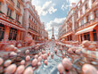 A delightful digital dreamscape capturing the essence of a Parisian summer. The Seine shimmers under a sky of fluffy clouds.