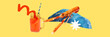 Banner. Contemporary art collage. Shrimp sitting on ocean beach in water with refreshing cold cocktail against yellow background. Concept of summertime, holidays, vacation, party, fashion and style.
