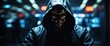 Anonymous hacker, surrounded by a network of glowing data. Cybersecurity, Cybercrime, Cyberattack	