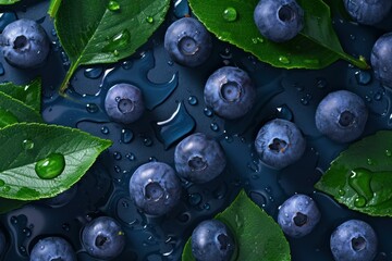 Sticker - Close-up of juicy blueberries with water droplets surrounded by green leaves